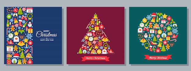 Sfondo di natale. Impostare la cartolina d'auguri in design piatto.