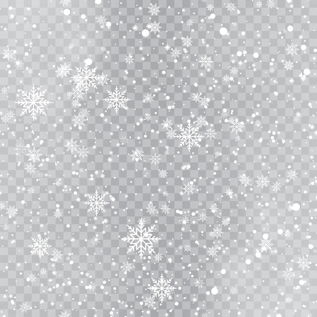 Sfondo di Natale o Capodanno con fiocchi di neve che cadono su sfondo trasparente Vettore