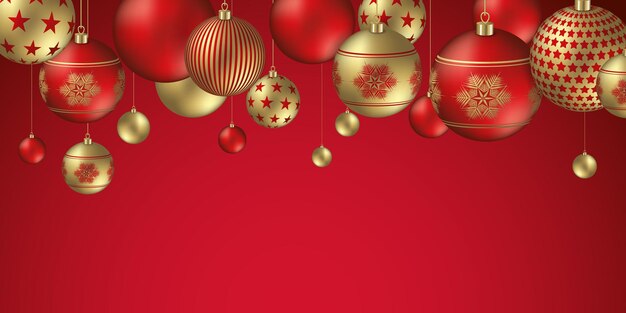 Sfondo di palle di Natale con fiocchi festosi e ornamenti di stelle