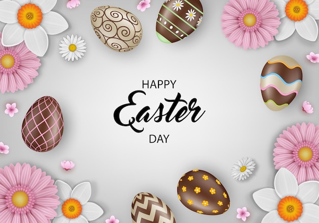 Sfondo di Pasqua con uova di cioccolato e fiori
