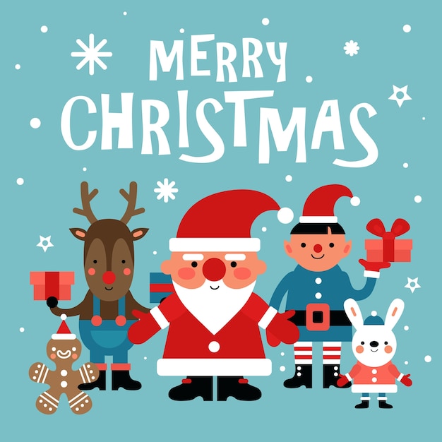 Sfondo di personaggi natalizi. Babbo Natale, omino di marzapane e coniglio bianco ed elfo, cervo con regalo. Scheda di vettore di festa di capodanno 2020