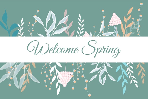 Sfondo di primavera con la grafia del testo. Ciao Primavera. Ciao Primavera! biglietto di auguri con fiori, farfalle e foglie vettoriale. Ciao illustrazione di primavera.
