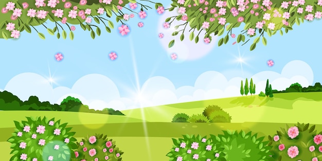 Sfondo di primavera, paesaggio di fiori estivi con erba, alberi, prato, fiori di sakura, cespugli verdi, colline. Paesaggio rurale villaggio vista stagione ambiente, sole, nuvole. Paesaggio rustico primaverile