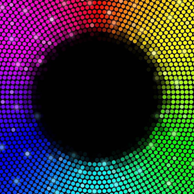 Vettore sfondo di puntini multicolori, cornice rotonda. illustrazione vettoriale