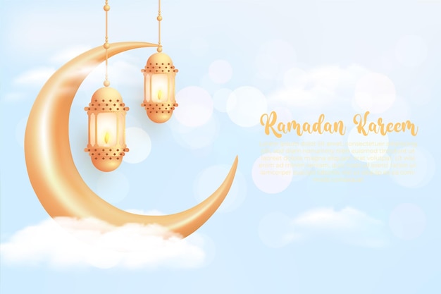 Sfondo di ramadan kareem con lanterne dorate realistiche e falce di luna