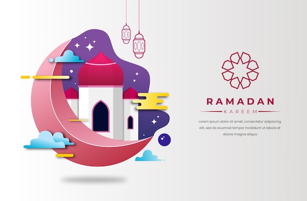 Sfondo di Ramadan Kareem con luna crescente 3d e illustrazione della moschea