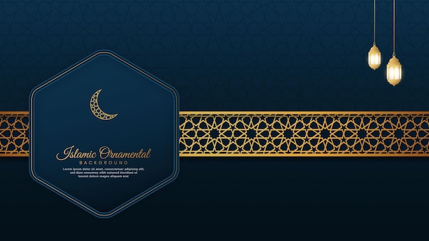 Sfondo di Ramadan Kareem di lusso blu arabo islamico con cornice di confine con motivo dorato