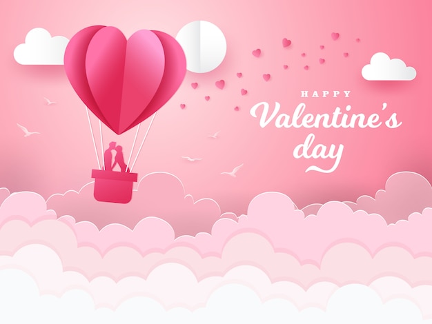 Sfondo di San Valentino con coppia romantica baciare e in piedi all'interno di un paniere di una mongolfiera. illustrazione di vettore di stile del taglio della carta