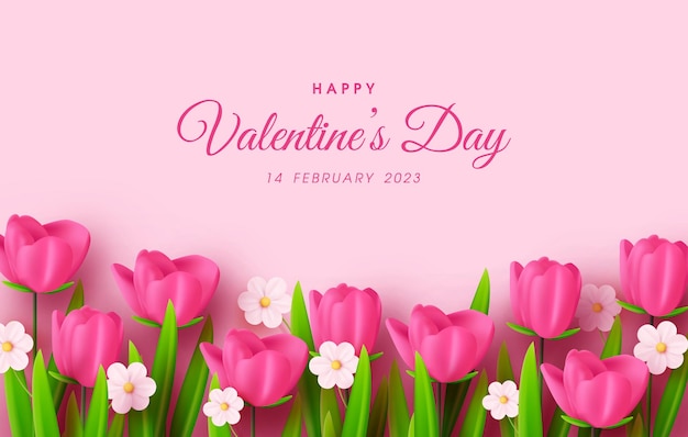 Sfondo di san valentino con illustrazione di fiori realistici Vettore Premium per Carta regalo amore invito a una festa voucher design poster modello posto per il testo