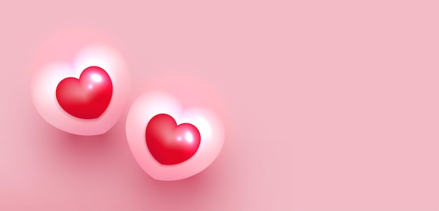 Sfondo di San Valentino. Due cuori su sfondo rosa pastello. Vista dall'alto con spazio di copia. Stile minimale. Illustrazione vettoriale.