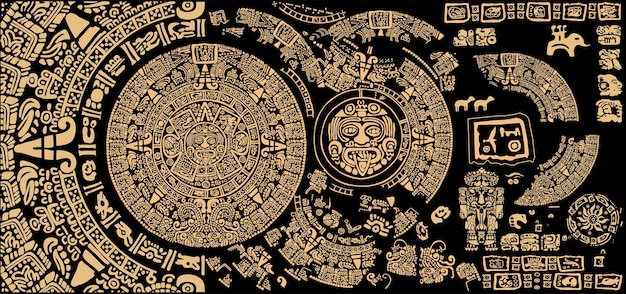 Sfondo di segni e simboli delle antiche civiltà dell'America Maya e Azteca