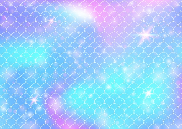 Sfondo di squame arcobaleno con motivo kawaii sirena principessa. Banner di coda di pesce con scintillii e stelle magiche. Invito fantasia mare per festa tra ragazze. Sfondo luminoso con squame arcobaleno.