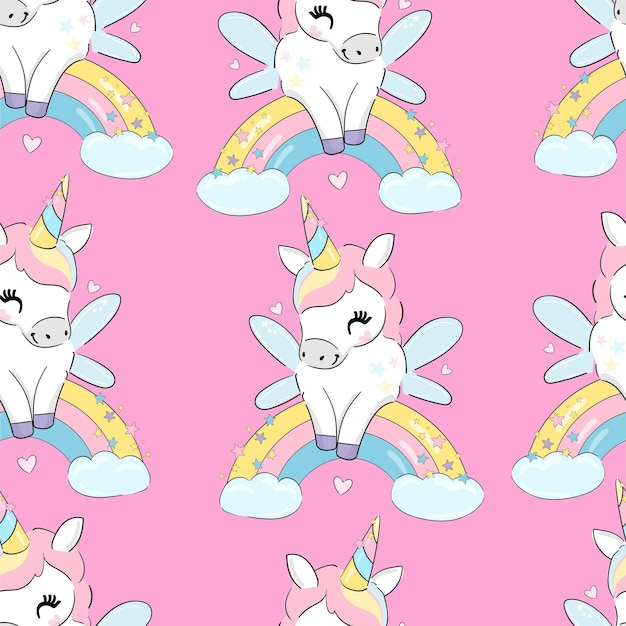 Sfondo di tendenza del modello senza cuciture dell'illustrazione di vettore dell'unicorno sveglio