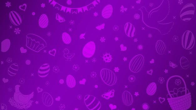 Sfondo di uova fiori torte lepre gallina pollo e altri simboli pasquali nei colori viola