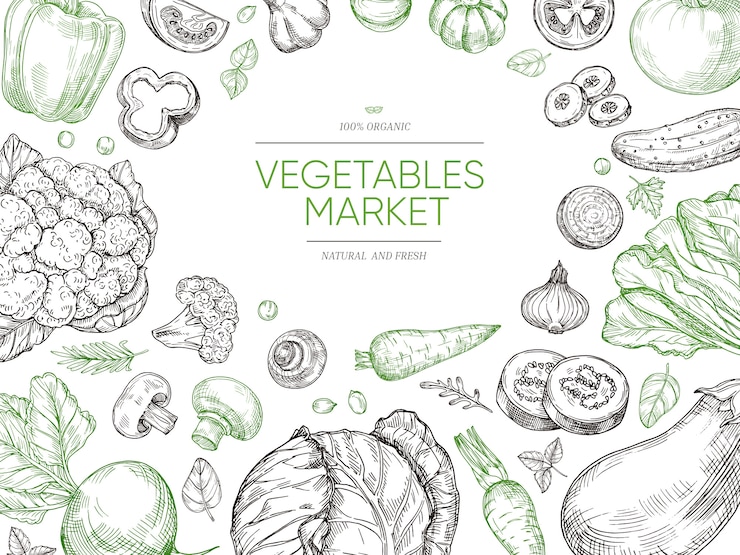 Vettore sfondo disegnato a mano di verdure. set di verdure per alimenti biologici. schizzo menu vegano