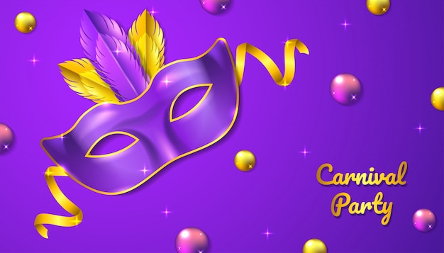 Sfondo festa di carnevale con maschera realistica, nastro e piuma, in colore viola e oro