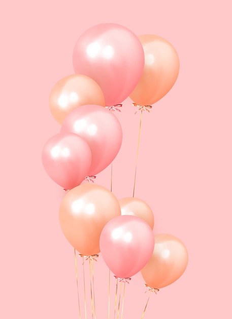Sfondo festivo con palloncini di elio. Festeggia un compleanno, un poster, un felice anniversario di banner. Elementi decorativi realistici. Ballon oggetto vettoriale 3d con nastro, colore rosa e arancione.