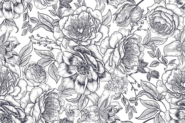 Sfondo floreale senza soluzione di continuità Peonie rose tulipani gigli fiori di lusso vettore
