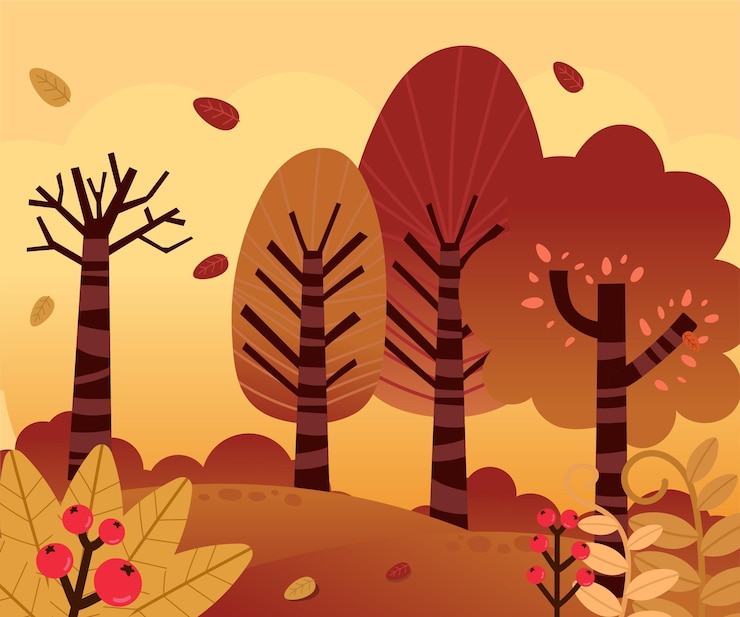 Vettore sfondo foresta autunnale. biglietto di auguri con tema autunnale.