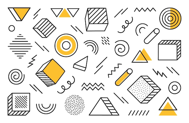 Sfondo geometrico con forma astratta disegnata a mano diversa. Forme geometriche di semitono di tendenza universale con elementi gialli. Illustrazione moderna.