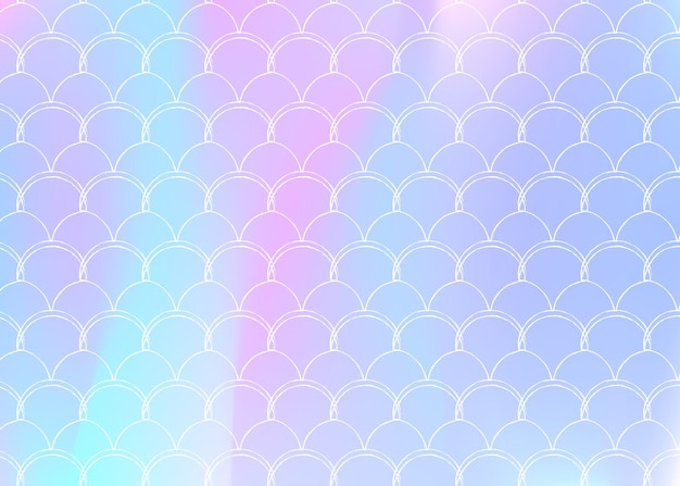 Sfondo in scala sfumata con sirena olografica. Transizioni di colore brillante. Banner e invito a coda di pesce. Motivo subacqueo e marino per feste femminili. Sfondo multicolore con scala sfumata.