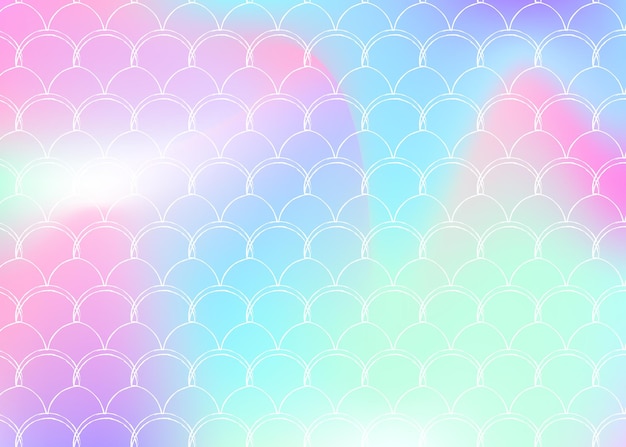 Sfondo in scala sfumata con sirena olografica. Transizioni di colore brillanti. Banner e invito a coda di pesce. Modello sott'acqua e mare per la festa delle ragazze. Sfondo hipster con scala sfumata.