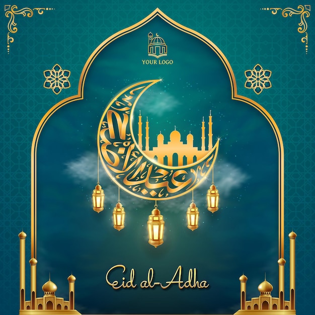 Sfondo islamico di Eid al Adha con calligrafia e decorazione