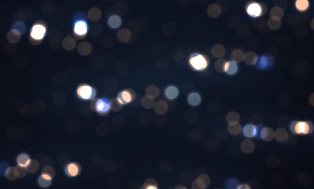 Sfondo luminoso blu festivo con luci colorate bokeh riflessi con particelle luminose volanti