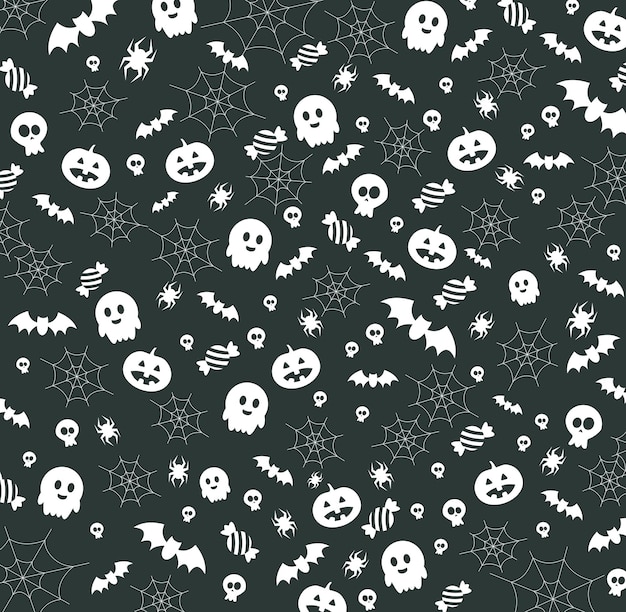sfondo modello Halloween con teschi pipistrelli ragni caramelle e fantasmi zucca
