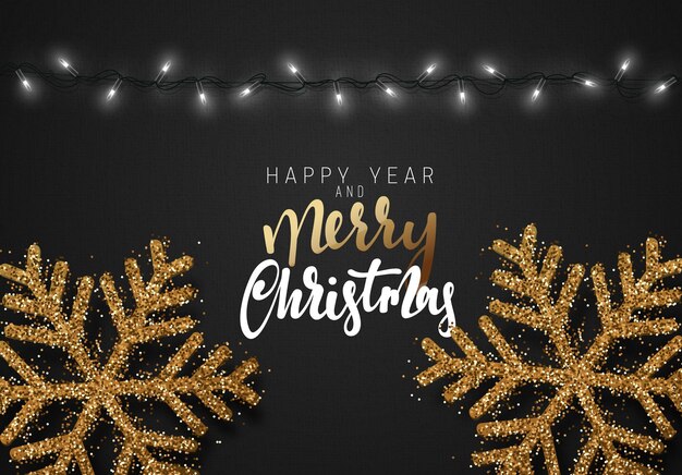 Sfondo natalizio colore nero con ghirlande realistiche e bellissimi fiocchi di neve. Vacanze di Natale. Buon Natale. E felice anno nuovo