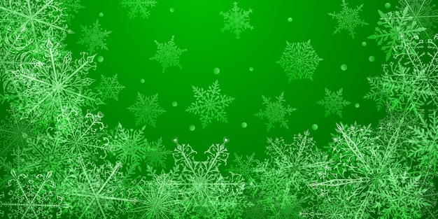 Sfondo natalizio di bellissimi fiocchi di neve complessi in colori verdi Illustrazione invernale con neve che cade