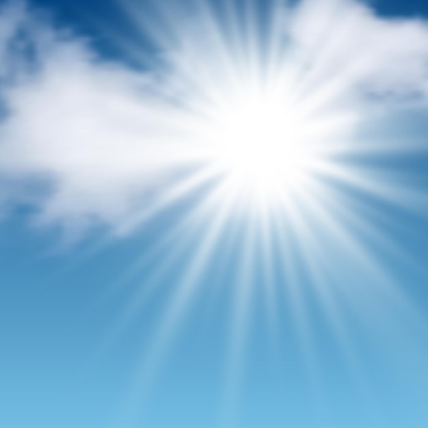 Sfondo naturale con nuvole e sole sul cielo blu Nuvola realistica su sfondo blu Illustrazione vettoriale