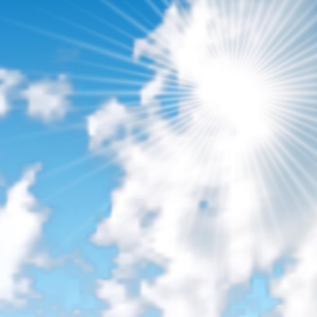 Sfondo naturale con nuvole e sole sul cielo blu Nuvola realistica su sfondo blu Illustrazione vettoriale