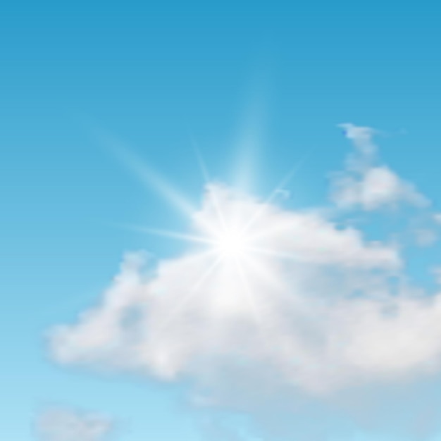 Sfondo naturale con nuvole e sole sul cielo blu. Nuvola realistica su sfondo blu. Illustrazione vettoriale