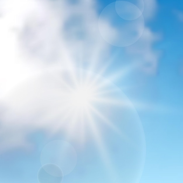 Sfondo naturale con nuvole e sole sul cielo blu Nuvola realistica su sfondo blu Illustrazione vettoriale
