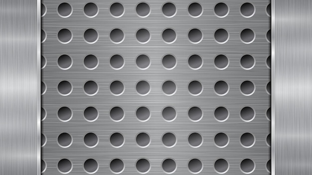 Sfondo nei colori argento e grigio costituito da una superficie metallica traforata con fori e due lastre verticali lucide poste a sinistra ea destra con una trama metallica riflessi e bordi lucidi