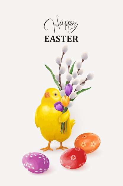 Sfondo pasquale con pulcino e rami di salice con fiori e uova colorate in stile acquerello