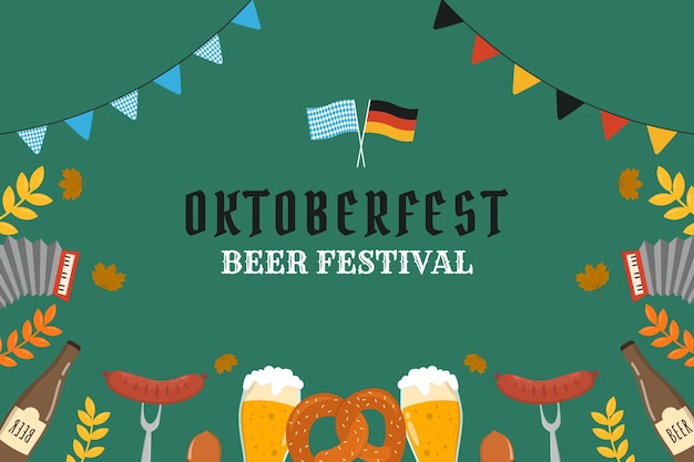 Sfondo piatto per la celebrazione dell'oktoberfest Un boccale di birra una bottiglia di birra un pretzel una salsiccia