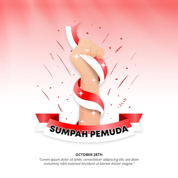 Sfondo quadrato Hari Sumpah Pemuda o Youth Pledge Day con una mano e una bandiera