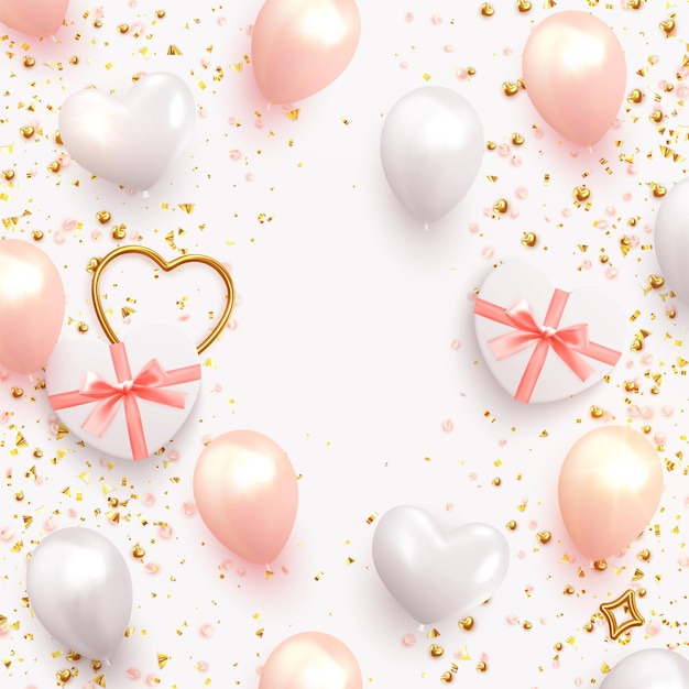 Sfondo romantico per matrimonio, San Valentino e compleanno. Elemento di design realistico, palloncini bianchi e rosa, scatole regalo a forma di cuore, petali di rosa. Coriandoli dorati. cuore d'amore in metallo dorato