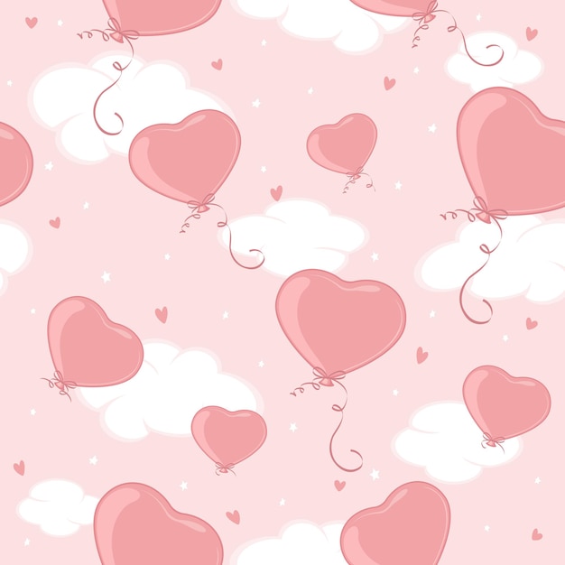 Sfondo rosa senza soluzione di continuità. Palloncini di San Valentino a forma di cuore nel cielo. Lettering Happy Valentines Day, illustrazione.