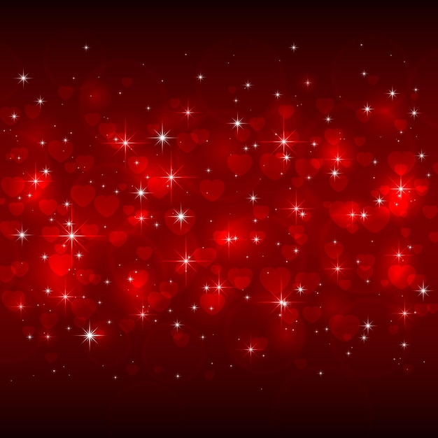 Sfondo rosso di San Valentino con cuori e stelle lucenti, illustrazione.