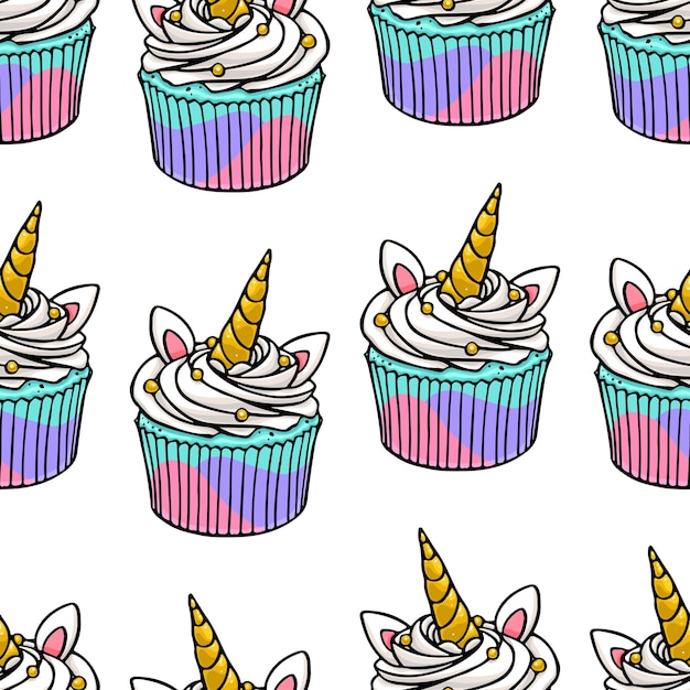 Sfondo senza soluzione di continuità di deliziosi cupcakes unicorno carino. Illustrazione disegnata a mano