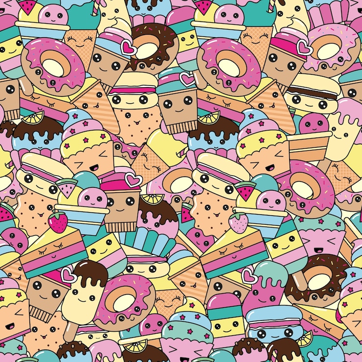 Vettore sfondo senza soluzione di continuità dolce e dessert doodle pattern con simpatici biscotti donat torta e macaron kawaii