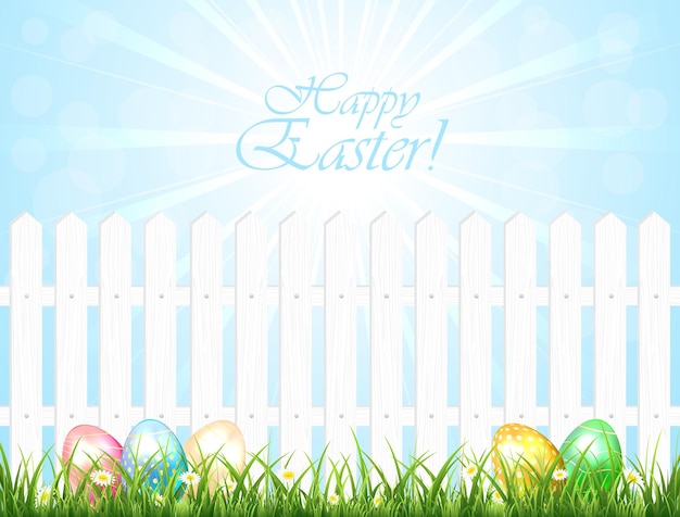 Sfondo soleggiato con uova di Pasqua, recinzione e cielo blu, illustrazione.