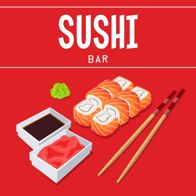 Sfondo Sushi Bar Sfondo rosso Sushi Set Bacchette di pesce rosso Salsa di soia Wasabi