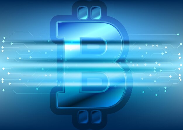 Sfondo tecnologico blu con emblema bitcoin