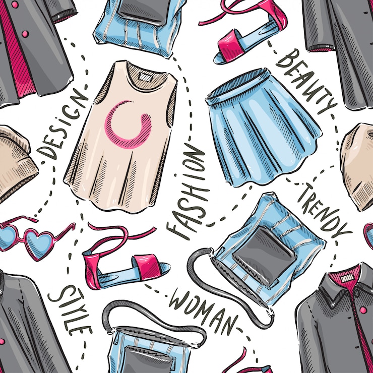 Vettore sfondo trasparente con abbigliamento e accessori femminili. illustrazione disegnata a mano
