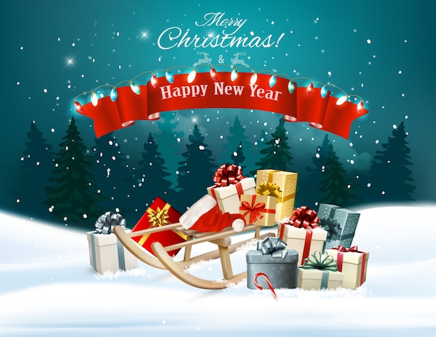 Sfondo vacanza di Natale con regali su una slitta e cappello da Babbo Natale. illustrazione