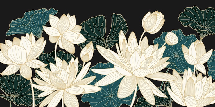 Sfondo vettoriale con fiori di loto e foglie dorati Modello di design di lusso con giglio di linea
